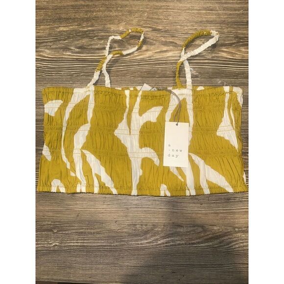 Women's Slim Fit Smocked Tiny Top - A New Day Yellow/Cream. Size Large. NWT. 2 - Picture 1 of 5